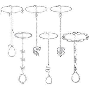 6 pcs Women Finger Ring Bracelets Enamel Rhinestone Adjustable Hand Chain